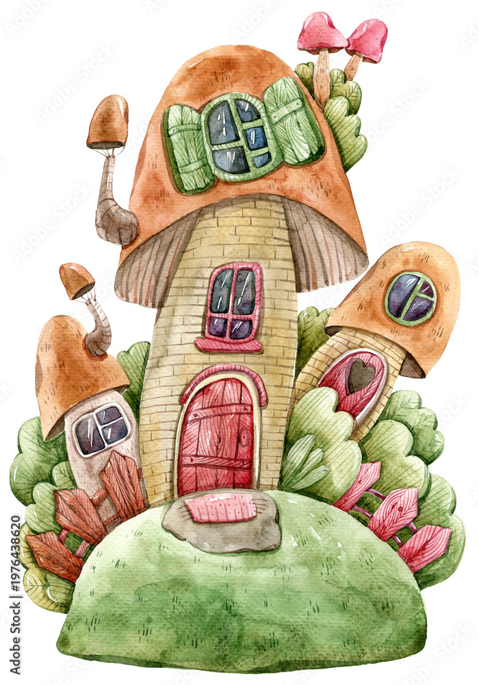 Watercolor mushroom house on fairy hill. Cute fantasy cottage in forest ...