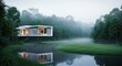© methinee - A contemporary glass residence sits cantilevered over a dense tropical jungle river as morning mist drifts through the lush green trees, peaceful, contemporary, dawn