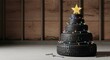 © methinee - A creative holiday tree crafted from stacked black rubber tires decorated with glowing lights and a golden star inside a rustic garage, creative, stacked, wheels