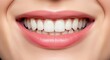 © methinee - A detailed macro view of a cheerful expression featuring clean white teeth and pink lips curved in a joyful and happy gesture of warmth, friendly, smile, cosmetic