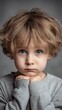 © The Little Hut - Close-up portrait of a sad or worried young boy with messy blonde hair and expressive blue eyes