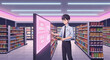 © roso - Young man interacting with digital display in store.