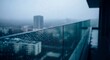 © Paul - A somber atmosphere captures raindrops falling against a glass railing on a high-rise balcony overlooking a gloomy, mist-covered urban view, architecture, balcony, city