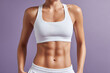 © Keopaserth - Athletic woman torso in white sport top, fit abdomen, fitness banner, purple background, studio portrait