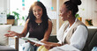 © peopleimages.com - Document, discussion or happy people with tablet in meeting, creative project or reading ads proposal. Flare, brainstorming or media specialist team with campaign action plan, tech or explain idea