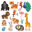 © Dika - Vector collection of diverse cartoon wildlife characters including a gorilla, tiger, peacock, macaw, flamingo, giraffe, owl, rabbit, and porcupine isolated on a white background.