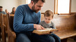 © Muhammad - Father, son reading Bible, church pews, family, faith, spirituality