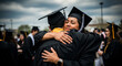 © Visual Verse - Graduate embracing proud parent at outdoor commencement ceremony in emotional moment