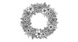 © RESKIANDRIAWAN - Elegant black and white botanical illustration of a detailed floral wreath, perfect for adding a sophisticated decorative element to invitations, greeting cards, or other design projects