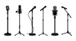 © sogir - Vintage microphone silhouettes, 6 podcast mic icons, audio equipment vector