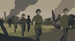 © Texturify - Minimalist illustration of soldiers marching with tanks in a war zone
