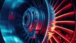 © sevector - Jet engine turbine blades and internal components glowing with vibrant red and blue light, showcasing advanced aerospace engineering and power generation technology
