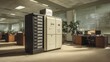 © sevector - Large server racks and computing equipment standing in an old fashioned office, evoking a sense of past technological innovation and the era of early data processing