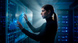 © Rendara Studio - Data analyst woman interacting with financial charts on transparent screen inside server room