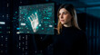 © Rendara Studio - Data scientist woman interacting with digital particles on holographic interface in server room