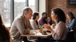 © ryker - Older man and young woman conversation coffee cup cafe indoor table plant cup saucer glasses smiling discussion
