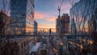 © Tanu - A person walks along a bridge that connects buildings high above the city streets. The sun sets and paints the sky with colors while construction equipment is visible nearby.