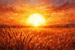 © Rafiq - Impressionist oil painting of golden wheat field at sunset, vibrant orange sun over rural landscape, textured brushwork of summer harvest meadow