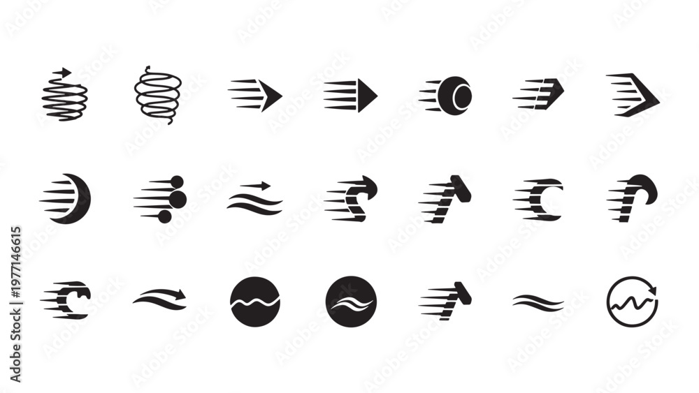 Wind, motion, and direction icons, 20 black symbol set, vector graphics ...