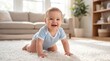 © Ree - Cute baby crawling on floor at home smiling happy childhood and development concept