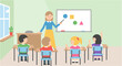 © MstParvin - Teacher explaining shapes to students in colorful cartoon classroom for education