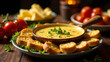 © OtonaLechuza - A vibrant display of a creamy cheese dip served in a rustic bowl, surrounded by crispy toasted bread and fresh tomatoes. Perfect for gatherings and parties.
