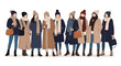 © rasel - Stylish women dressed in colorful winter and autumn coats with scarves and hats standing together for a seasonal fashion set.