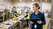 © NeuroCake - Female factory manager holding tablet at food production line. Smiling woman supervisor monitoring vegetable sorting process in manufacturing plant