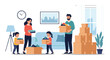 © rasel - Happy family with young children working together to pack belongings into cardboard boxes for a house move in their cozy living room setting.