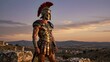© mihrzn - A Spartan warrior in full armor stands on a rocky outcrop, overlooking an ancient landscape at sunset. The scene evokes strength and readiness for battle.