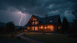 © Yuwarin - cozy house with warm lights inside during a thunderstorm, powerful lightning striking near the rooftop, heavy rain, glowing windows, contrast between warm interior and cold storm outside
