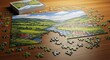 © twilight mist - Incomplete jigsaw puzzle lies on a wooden surface next to its box.