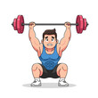 © Kembali - Man lifting heavy barbell in squat position, fitness and weightlifting cartoon illustration