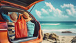 © Linwood's Graphics - Packed bags, clothes, summer hats in open car trunk on a sunny beach background, symbolizing summer vacation