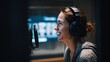 © Justlight - Medium shot of a user inside an AIpowered pronunciation booth speaking into a microphone with a blurred background focused on facial expressions and voice feedback screen.