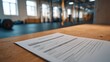 © Bussakon - A minimalist planning form rests on a wooden table juxtaposed against the blurred background of a spacious fitness facility
