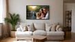 © Bussakon - A tranquil living room interior featuring a large display photo of a family embracing in front of a lush waterfall landscape