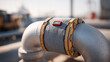 © forenna - Industrial steel pipe junction with a thermoelectric ribbon generator wrapped tightly around the hottest section, temperature differential readout visible on a small adhesive gauge, perfect for ther