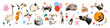 © ugguggu - Happy birthday halftone art collage cut outs set. Fun stickers with vintage dot texture and doodles, animals wearing party hats, champagne, cheers and cake Modern retro mixed media vector illustration
