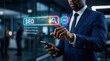 © Pinit - A businessman interacts with an AI-powered virtual interface, applying SEO search engine optimization as a key digital marketing strategy.