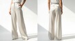 © thenort - Front and back views of elegant, wide-leg, ivory-colored trousers against a white backdrop
