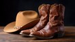 © pvl0707 - Old cowboy boots and hat placed on a wooden surface, showcasing rustic style and Western culture with room for text
