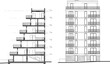 © NURUL - Modern Multi-Story Building with Sectional and Front Elevation Views in Black and White Architectural Drawing