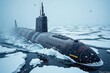 © kornc - A massive nuclear submarine surfacing through thick pack ice while a blinding blizzard hammers its black hull.