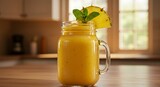 Refreshing yellow smoothie in mason jar with pineapple and mint garnish