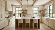 © Vectoria - Wide interior view of a cream-toned kitchen with stone surfaces, an island, wood elements, brass accents, and soft light, where