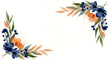 © MstShabia - Watercolor floral border with blue and orange flowers and green leaves on white background for design.