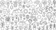 © Kanon Islam - Large collection of nature and environment elements including trees mountains plants sun clouds world globe and eco friendly transportation icons hand-drawn vector illustration doodle art