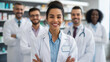 © Nataliya - Diverse team of pharmacists in a clean well-lit pharmacy setting, professional healthcare teamwork portrait concept, defocused background, with copy space