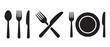 © design box - Black silhouette of dining utensils, including spoons, forks, knives, and plates on a plain white background